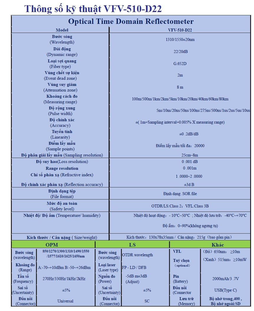 M&aacute;y đo v&agrave; kiểm tra điểm đứt c&aacute;p quang OTDR. Model  VFV-510-D22
